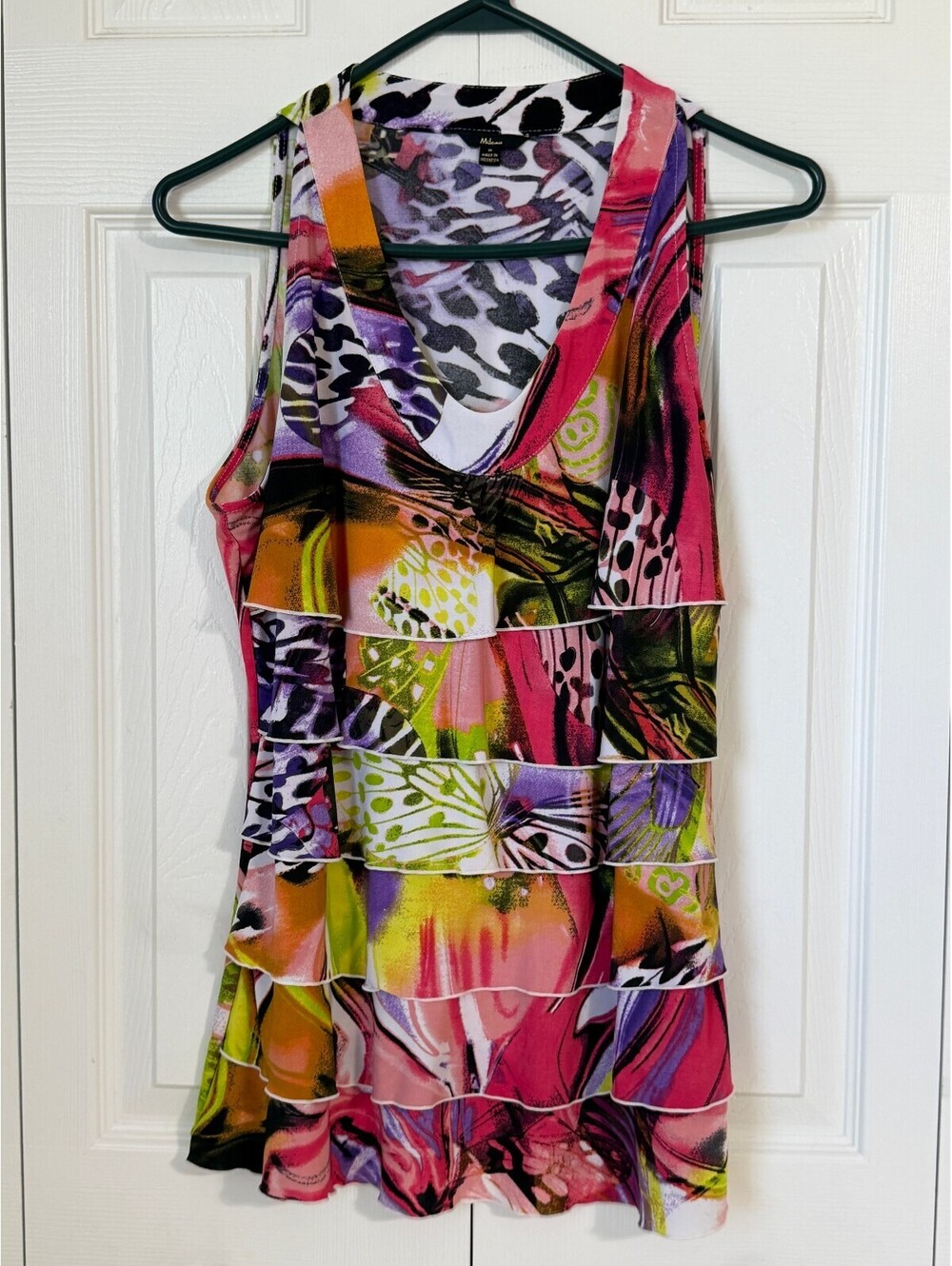 Milano Women M Sleeveless Patchwork Leopard Tunic Top Ruffle Tiered Animal Print